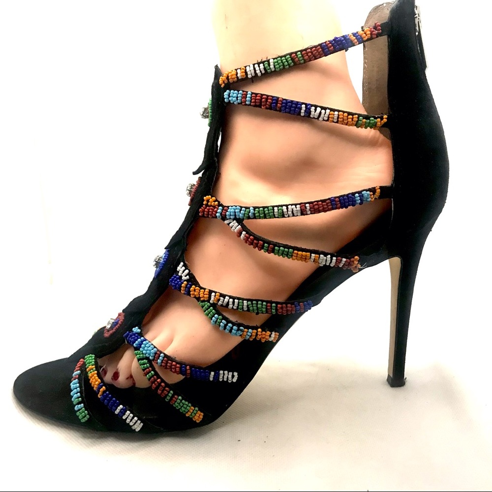 SAM EDELMAN "SAGE" BLACK SUEDE AND MULTI-COLOR BEAD STILETTO HEELS (10M) - Picture 8 of 13
